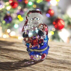 Vintage Hand blown glass Christmas Tea light holder Santa holding presents